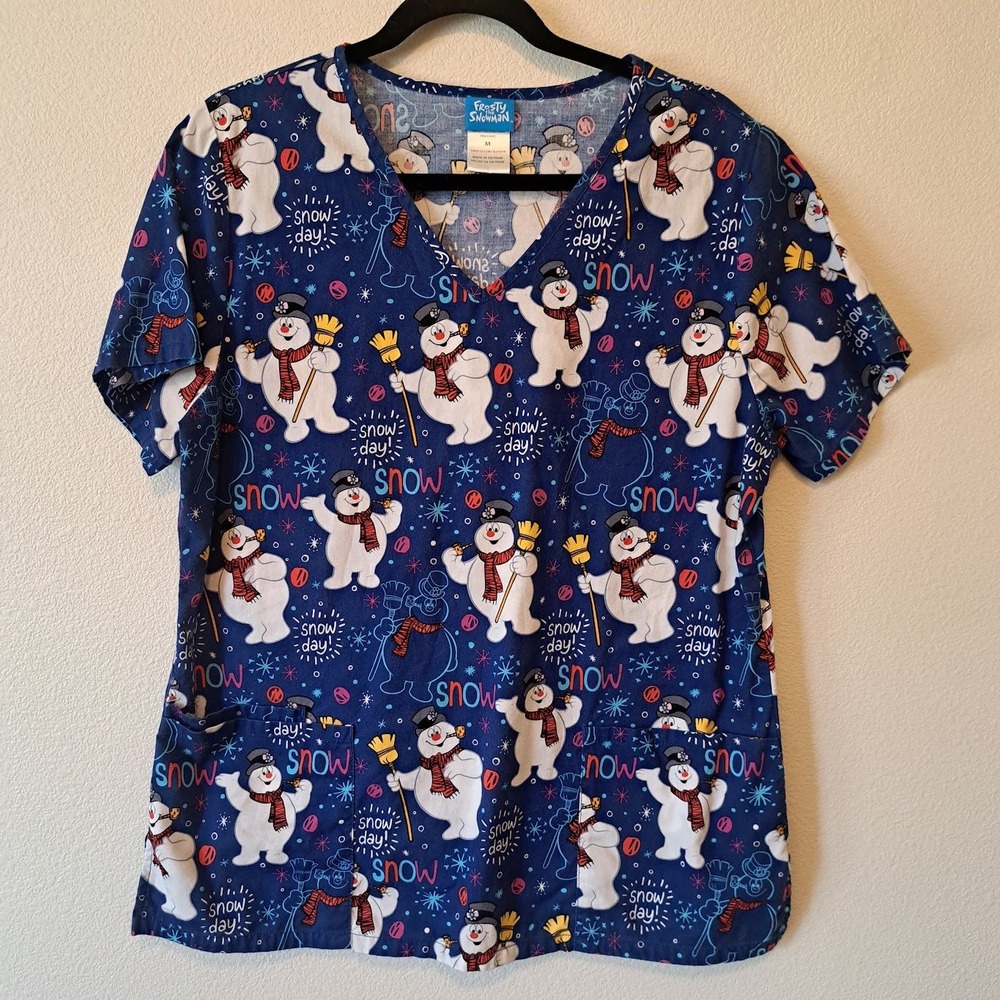 Frosty the Snowman Scrub Top Womens Medium Blue Christmas Holiday V-Neck Cotton
